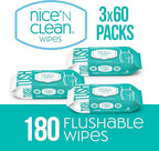 Nice 'N Clean Adult Flushable Wipes (3 x 60 Count) | Personal Cleansing Wipes Made from Plant-Based Fibers | Infused with Aloe & Vitamin E