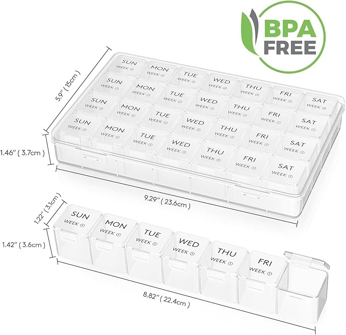 Lifewit Monthly Pill Organizer, 28 Day Pill Box, 4 Weeks One Month Vitamin Cases, Large Compartments Medicine Organizer for Fish Oils, Supplements, 28 Grids, Clear