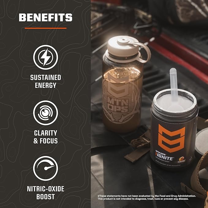 MTN OPS Ignite Sugar Free Energy Drink Powder Trail Packs with 200mg Caffeine, Travel Pre Workout Packets for to-Go Energy, Nootropic Blend, L Arginine & L Citrulline, 20 Servings, Tiger's Blood