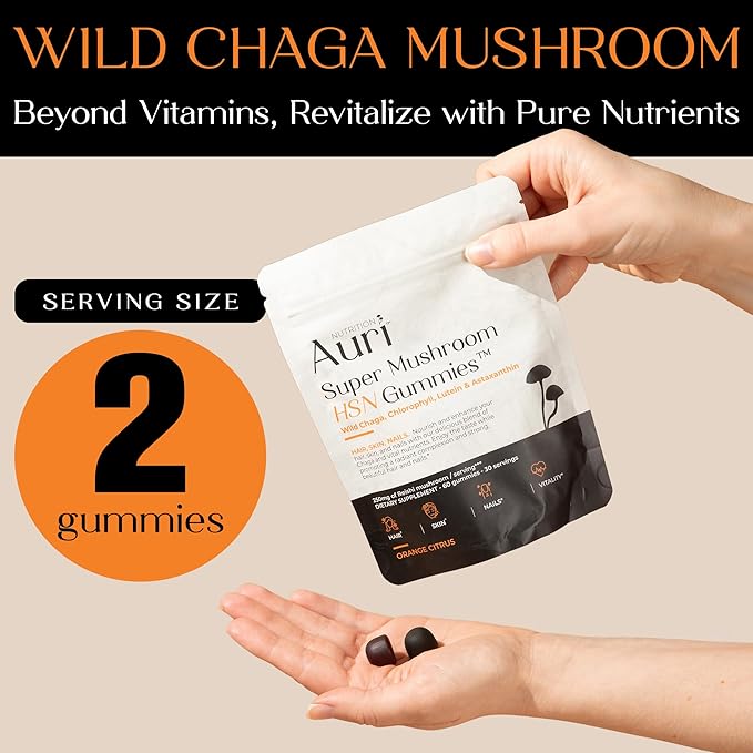 Auri Nutrition Super Mushroom HSN Gummies - Hair Skin and Nails Gummies Functional Mushrooms Supplement - with Wild Chaga, Chlorophyll, Lutein and Astaxanthin - 60 Orange Citrus Gummies