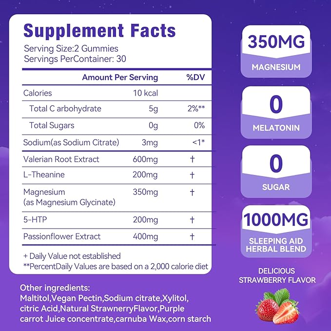 Melatonin Free Sleep Gummies for Adults with Magnesium, Valerian Root, 5-HTP & Herbal Blend - Natural Sleep Aid Supplements - Non-Habit Forming, Sugar Free, Strawberry Flavor, 60 Count (1)
