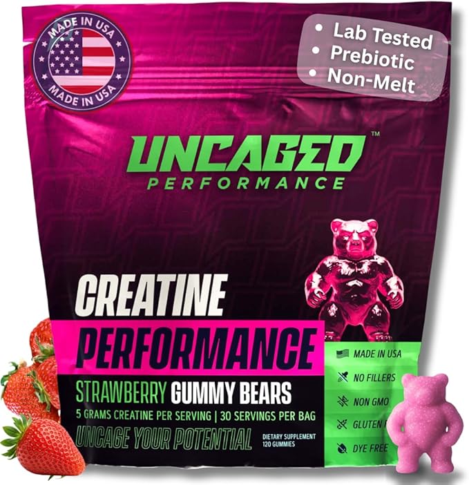 Creatine Monohydrate Gummies 5g with Prebiotic Fiber for Muscle Growth & Strength, 30 Servings, Strawberry - Lab Tested - 5000mg Premium All Natural