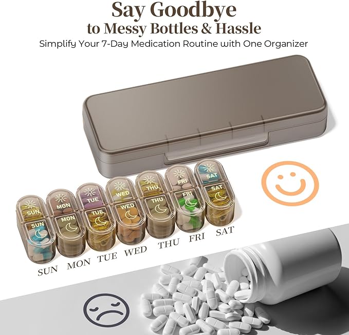 Betife AM PM Pill Organizer 7 Day, Weekly Pill Organizer 2 Times a Day, Daily Pill Box AM PM, Portable Travel Medicine Case, Day and Night Pill Container for Medication, Vitamin or Supplement（Brown）