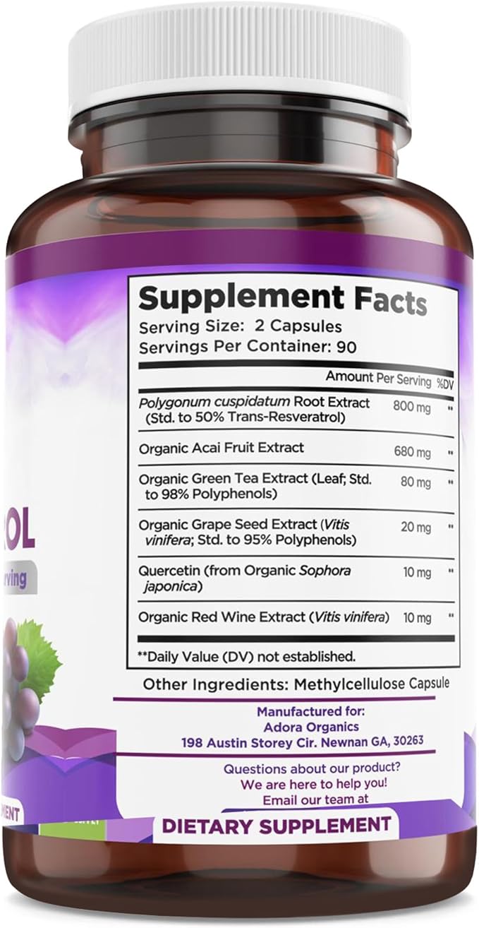 Resveratrol 1600mg - 180 Capsules | Trans-Resveratrol Antioxidant Supplement with Natural Green Tea, Grape Seed Polyphenols & Quercetin, Supports Digestive, Heart Health, Immune System, Brain Function