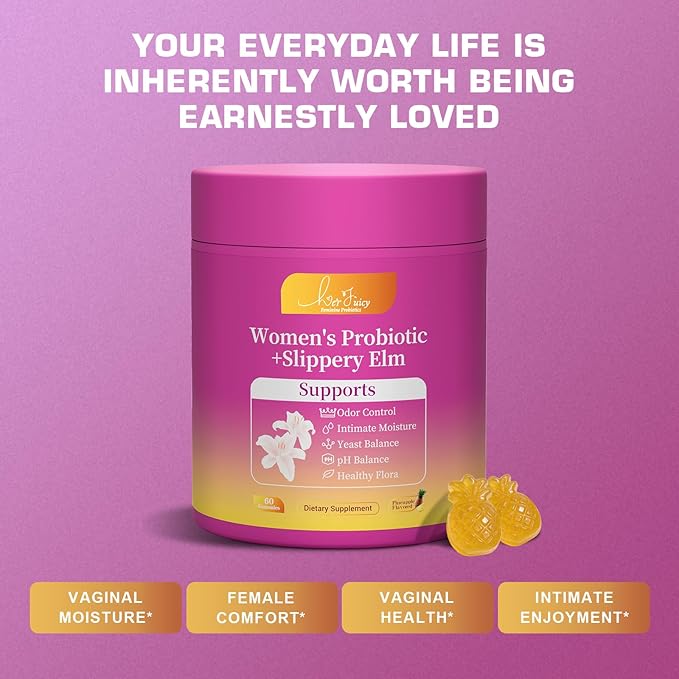 Her Juicy Feminine Probiotics Gummies for Women with Slippery Elm - Pineapple Flavor, pH Balance & Immune Health Support - Digestive & Feminine Support - Vegan Supplement, 60 C