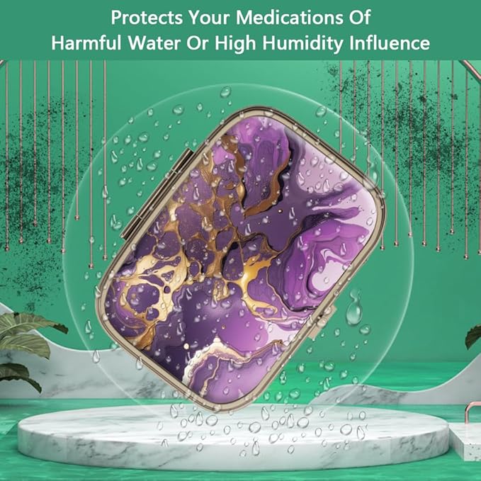 Pill Case Pill Box with Mirror Retro 2 Compartment Small Pill Case for Purse or Pocket Bronze Rectangular Pill Box or Vitamins, Fish Oil, Supplements, Pill Containe Travel Gifts（Gold Marble）