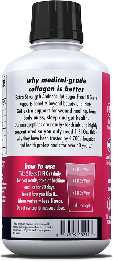 HEALTH DIRECT AminoSculpt Sugar-Free Collagen Supplement - High Potency Medical-Grade Protein for Hair, Skin, Nails & Joints, Grass-Fed, Non-GMO, Liquid Collagen - Tart Cherry - 15 Fl Oz