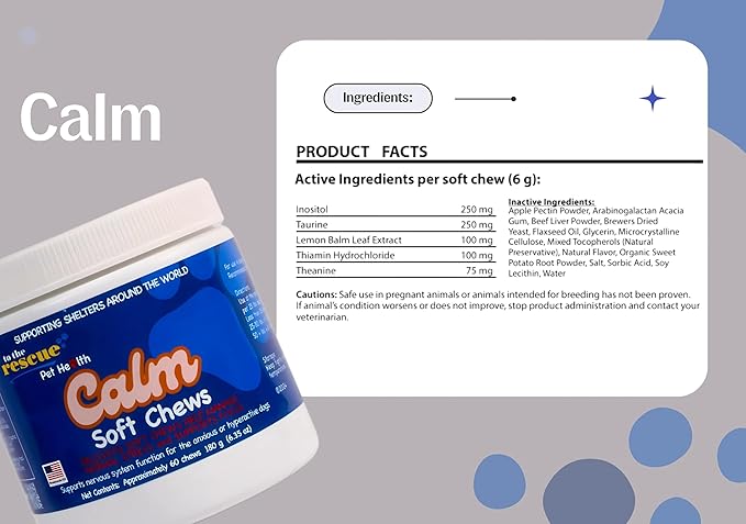 To The Rescue Dog Calming Supplement - Supports Nervous System Function of The Anxious and Hyperactive Dogs - Calming to Help with Separation, Stress, Thunderstorms and Motion Sickness - 60 Chews