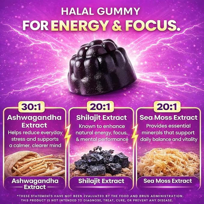 Shilajit Gummies for Energy & Focus – Ashwagandha, Beet Root, Lion’s Mane, Sea Moss & Black Seed – Vegan, Halal-Certified Adaptogen Supplement for Daily Performance & Calm – 60 Gummies