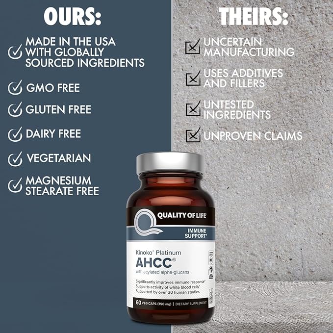 Quality of Life AHCC Kinoko Platinum 750 mg – Premium Immune Support Supplement, Pack of 3-60 Count Bottles