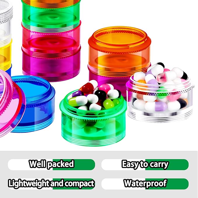 Sieral 6 Set 7 Days Stackable Pill Organizers 7 Compartments Round Pill Boxes Tower Weekly Vitamin Individual Storage Containers Travel Cases with Lids for Medications, Vitamins and Supplements
