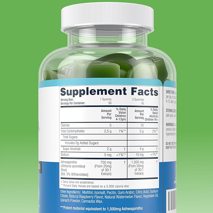 Sugar-Free Ashwagandha Gummies for Stress, Sleep & Mood Support - High-Potency 30:1 Ashwagandha Supplement Extract - Vegan Adaptogen Supplement for Women & Men, Natural Flavor, Plant-Based, 90 Gummies