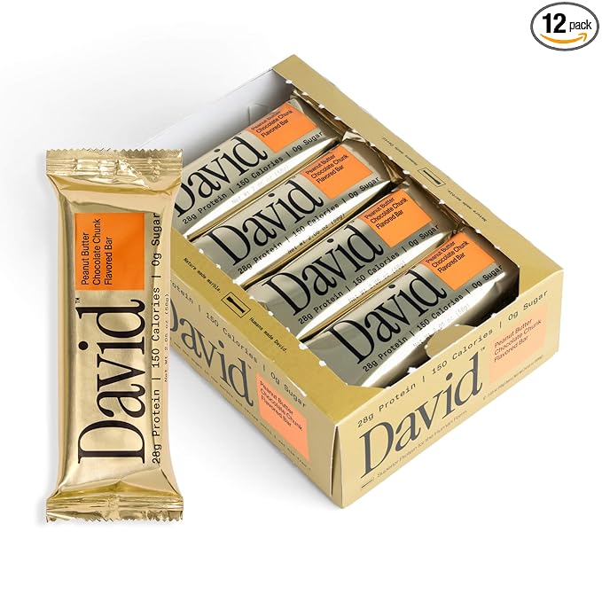 David High Protein Bars - 0g of Sugar, Low Carb, Gluten Free - 28g of Protein, 150 Calories - On-The-Go Snack - Peanut Butter Chocolate Chunk Flavor, Pack of 12