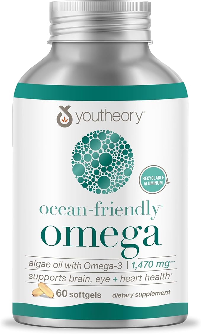 Youtheory Ocean-Friendly Omega - Algae Omega 3 Supplement with EPA & DHA - Supports Brain & Eye Health* - Plant-Based - for Pescatarian & Vegan Diets - 60 Softgels (30-Day Supply)