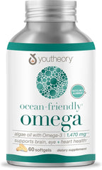 Youtheory Ocean-Friendly Omega - Algae Omega 3 Supplement with EPA & DHA - Supports Brain & Eye Health* - Plant-Based - for Pescatarian & Vegan Diets - 60 Softgels (30-Day Supply)