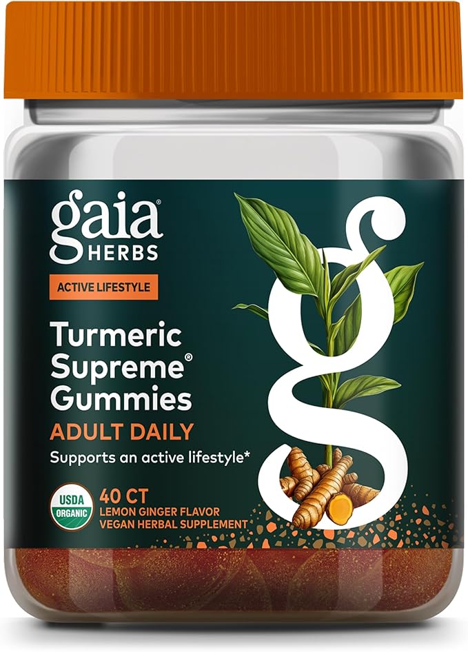Gaia Herbs Turmeric Supreme Adult Daily - Daily Support for Healthy, Active Lifestyle* - USDA Certified Organic Blend of Turmeric & Supportive Herbs - 40 Vegan Gummies (20 Servings)
