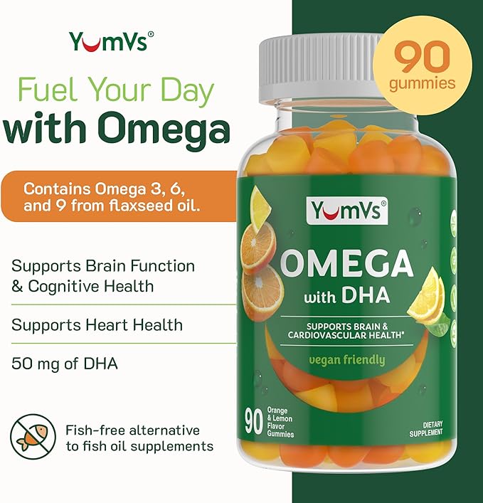 Vegan Omega 3 Supplement Gummies – Algae Oil Plant Based Vegan DHA – Fish Oil Alternative with Flaxseed & Algae – Non-GMO, No Carrageenan – Heart, Brain & Eye Support – Lemon & Orange – 90 Gummies