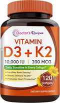 Doctor's Recipes Vitamin D3 K2, 10,000 IU, 200 mcg, MK-7, Strong Bone Density, Teeth, Immune, Heart Support, Energy, Calcium Absorption, No Soy & Gluten, Non-GMO, 120 Softgels