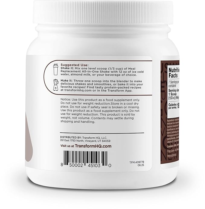 TransformHQ Meal Replacement Shake Powder 7 Servings (Cookies & Cream) - Gluten Free, Non-GMO