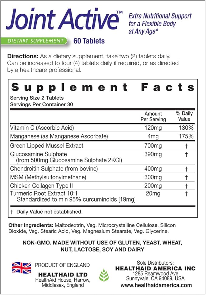 Healthaid Jointactive, 60 Ct, Prolongued Release, A Flexible Body at Any Age, Green Lipped Mussel, with Glucosamine, Chondroitin Tumeric, MSM, Collagen.