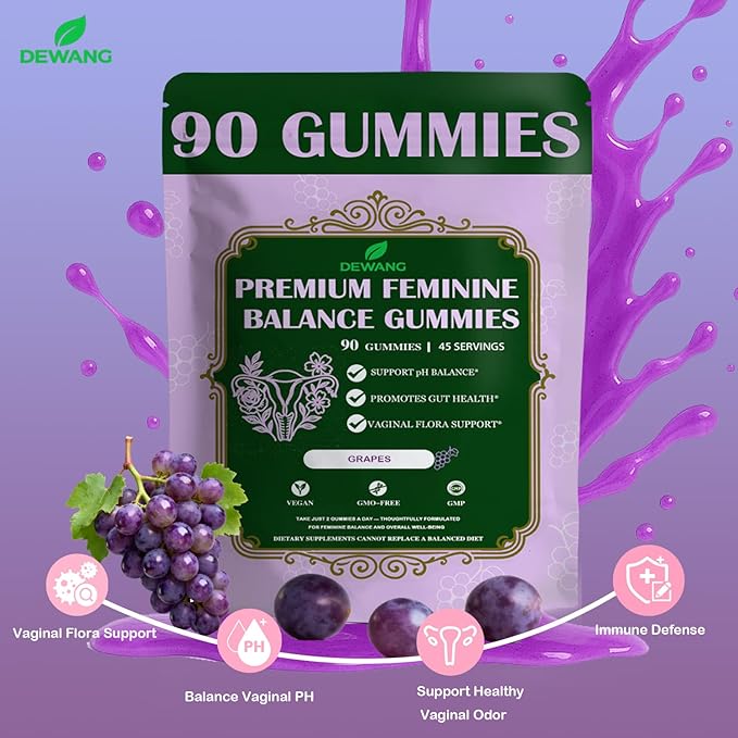 DEWANG Premium Feminine Balance Gummies for Women’s - Immune Support& PH Balance - Vegan, Gluten-Free - Grapes Flavor, 90 Count 45 Servings (2, Grape)