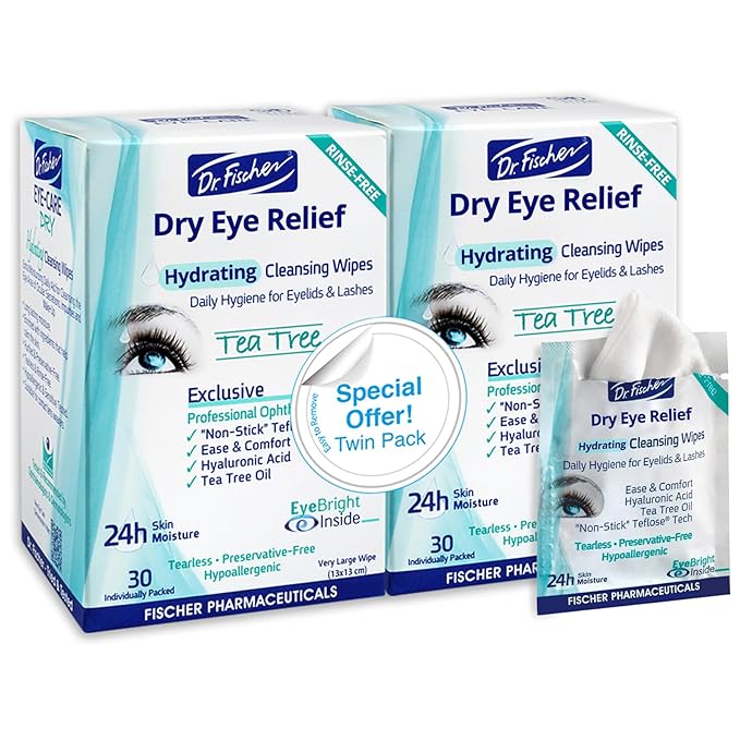 Dr. Fischer Tea Tree Eyelid Wipes for Dry Eyes - Gentle Eye Wipes for Everyday Eye Conditions and Hypoallergenic Makeup Remover (60 Wipes)