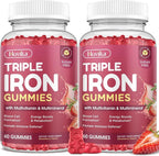 Iron Gummies for Women, Triple Iron Supplement with Multivitamin Iron Gummies with Vitamin C, A, B, Folate, Copper, Zinc for Energy & Blood Support, Immune Health, Vegan, Strawberry Flavor, 120 Counts