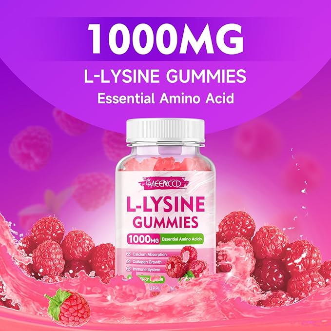 MEENCCD L-Lysine 1000mg Gummies, Lysine Supplement for Adults & Kids, Essential Amino Acid Supplement Supports Collagen Formation, Sugar-Free, Raspberry Flavor, 60 Count