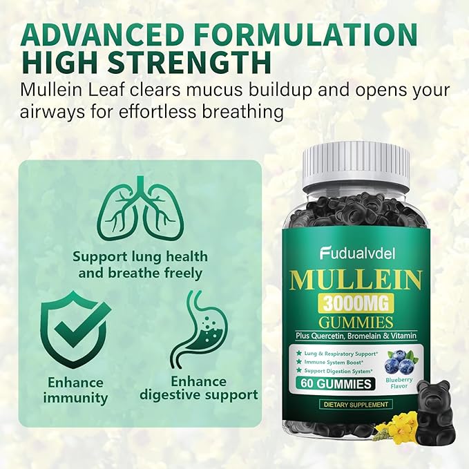 2 Packs 3000MG Organic Mullein Gummies for Lung, Mullein Leaf Extract for Lungs - Quercetin, Bromelain for Respiration，Immune and Digestive Support, 120 Count Blueberry Gummys