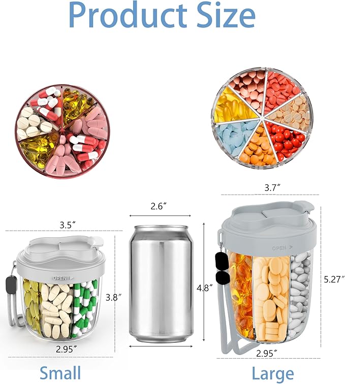 Large Pill Organizer,Supplement Organizer for 7 Different Vitamins,Pill Dispenser with Anti-Mixing Design,Easy to Retrieve Meds,Includes 20 Pcs Labels,Travel Pill Organizer(Gray)