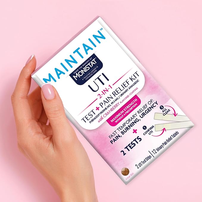 Monistat Maintain UTI 2-in-1 Test & Pain Relief Kit, 2 Test Strips & 12 Urinary Pain Relief Tablets, 2 Minute Results and Maximum Strength Pain, Burning and Urgency Relief