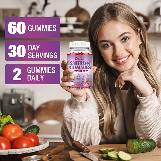 Saffron Supplements Gummies, 88.5mg Extract with Vitamin D3, B6, Magnesium, Ashwagandha, L-Theanine, Sugar-Free, Strawberry Flavor, 60 Count