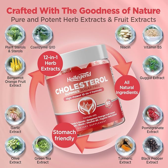 Cholesterol Gummies Sugar-Free,12-in-1 Cholesterol Supplements with Plant Sterols,Citrus Bergamot,CoQ10 and Vitamins for Cholesterol Health, Vegan, Mixed Berry Flavor, 60 Counts