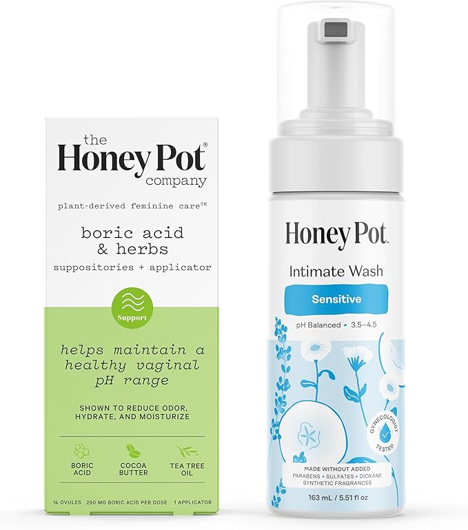The Honey Pot Company - Suppositories & Sensitive Feminine Wash Bundle - Maintains & Balances Healthy Vaginal pH - Herbal Infused Natural Hygiene Wash for Sensitive Skin Types - Gynecologist Approved