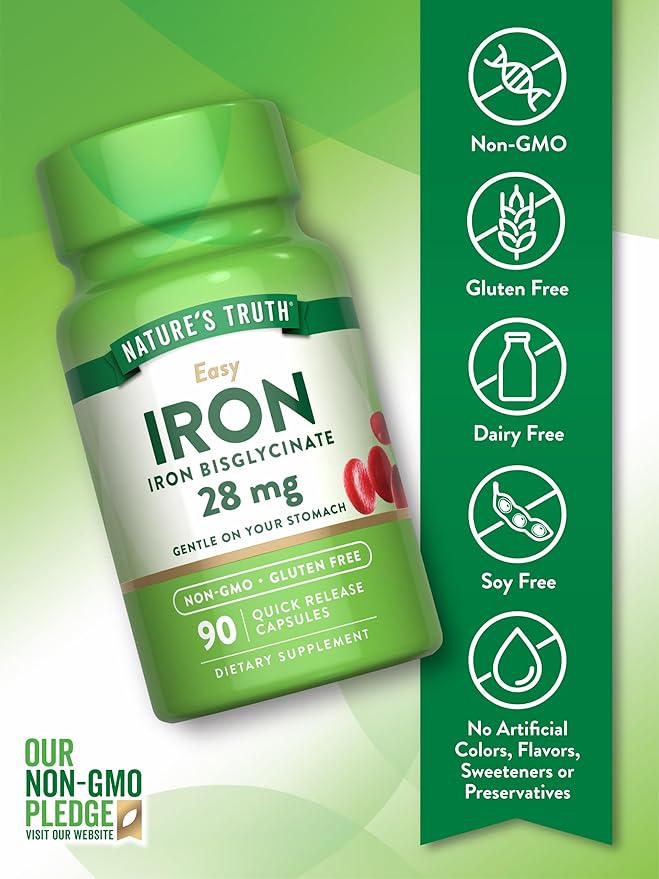 Nature's Truth Iron Supplement for Women & Men | 28 mg | 90 Capsules | Iron Bisglycinate | Non-GMO, Gluten Free