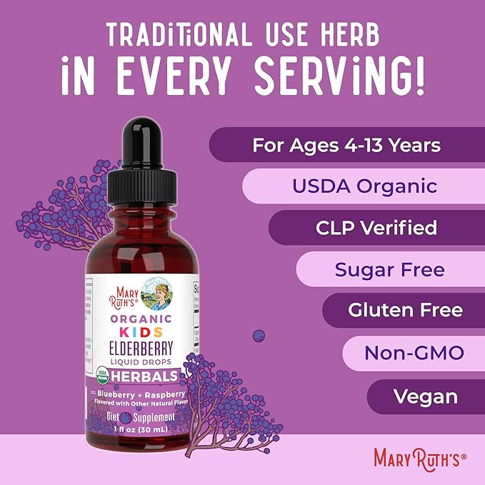 MARYRUTH'S USDA Organic Elderberry Liquid Drops for Kids | Vegan Elderberry Extract Organic Glycerin | Immune Support Supplement | Overall Health | Formulated for Ages 4-13 | 1oz