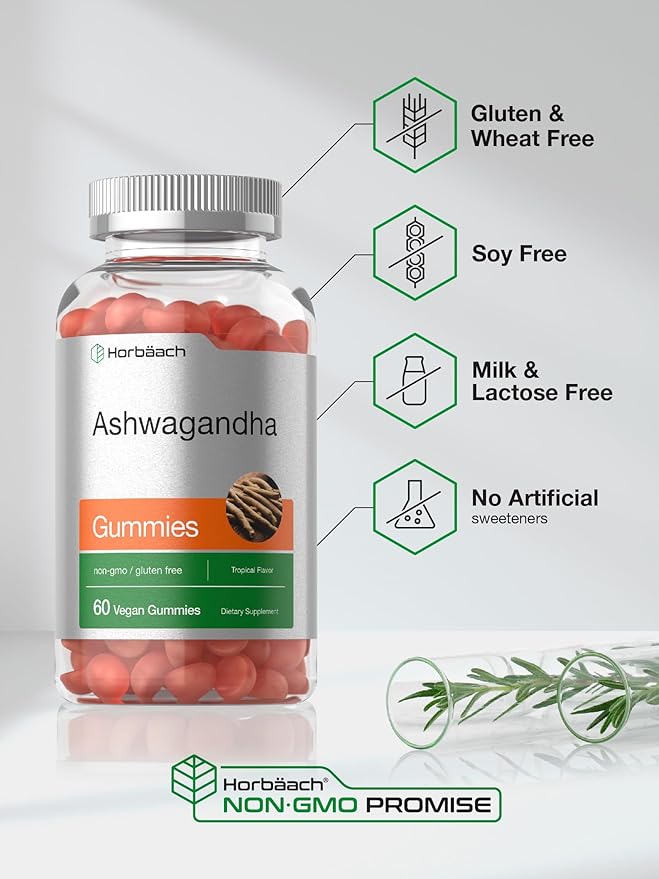 Horbäach Ashwagandha Gummies | 60 Vegan Chewable Gummies | Tropical Flavor | Supplement for Men and Women | Herb Root Extract | Vegan, Non-GMO, Gluten Free