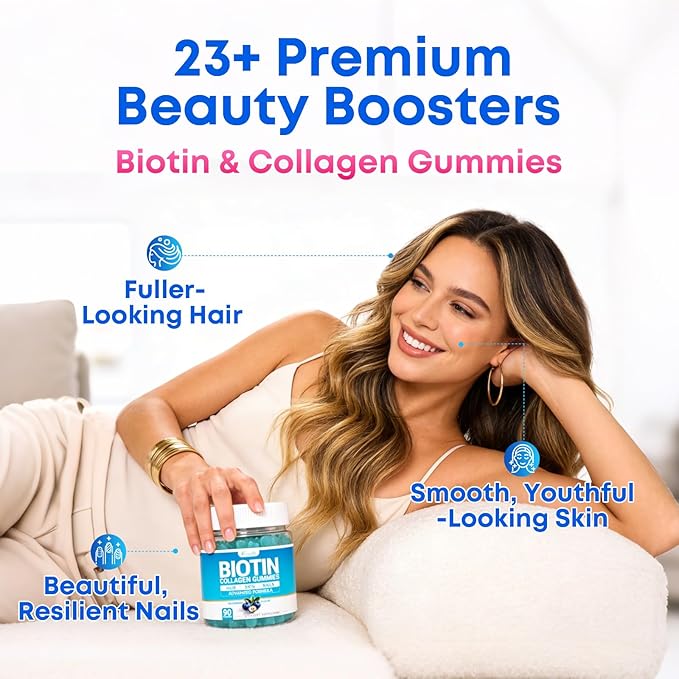 Biotin Gummies 10,000mcg with Collagen - 23-in-1 Hair Growth Gummies for Women & Men - Hair Skin and Nails Gummies with Keratin & Saw Palmetto - Sugar Free Non-GMO, Blueberry, 90 Count
