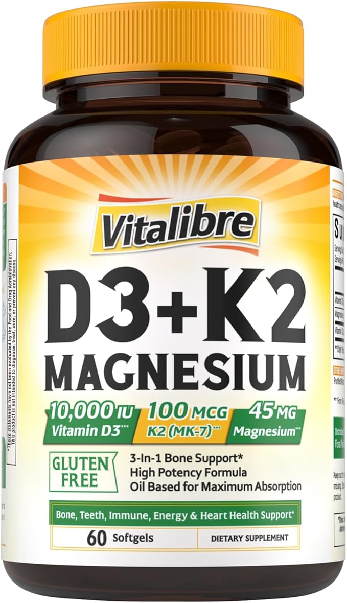 Vitalibre Vitamin D3 K2 + Magnesium Supplement, 10000 IU Vitamin D3 & 100 mcg K2, with Magnesium Glycinate, Bone, Teeth, Immune & Energy Support, High Absorption, Non-GMO, Easy to Swallow, 60 Softgels