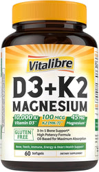 Vitalibre Vitamin D3 K2 + Magnesium Supplement, 10000 IU Vitamin D3 & 100 mcg K2, with Magnesium Glycinate, Bone, Teeth, Immune & Energy Support, High Absorption, Non-GMO, Easy to Swallow, 60 Softgels