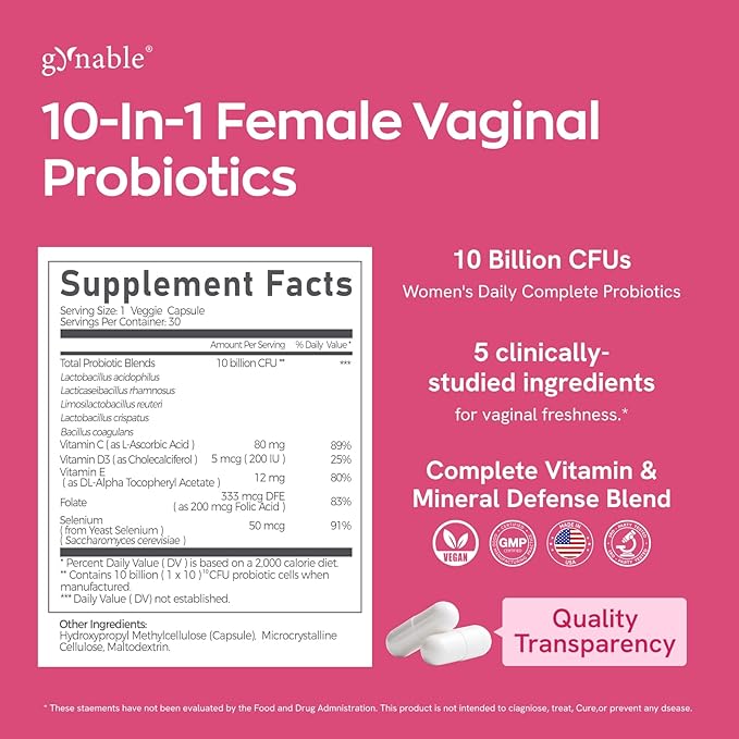 Gynable Vaginal Probiotics for Women,Female Probiotic for pH Balance with Lactobacillus 10 Billion CFU Probiotics Blend,Selenium-Vitamin D3,Promote Healthy Vaginal Odor & Vaginal Flora,90 Count