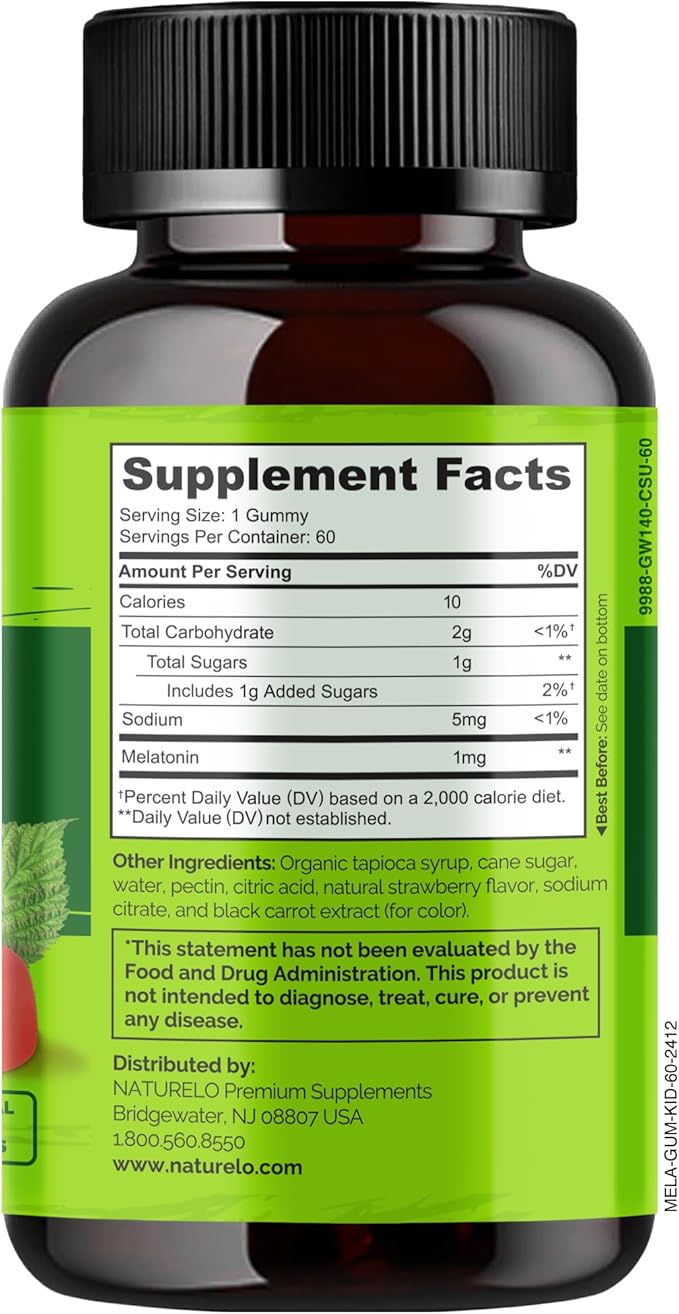 NATURELO Melatonin Gummies for Kids Non-GMO, Gluten-Free, Soy Free - Strawberry Flavor - Gentle Sleep Supplement - 60 Vegetarian Gummies