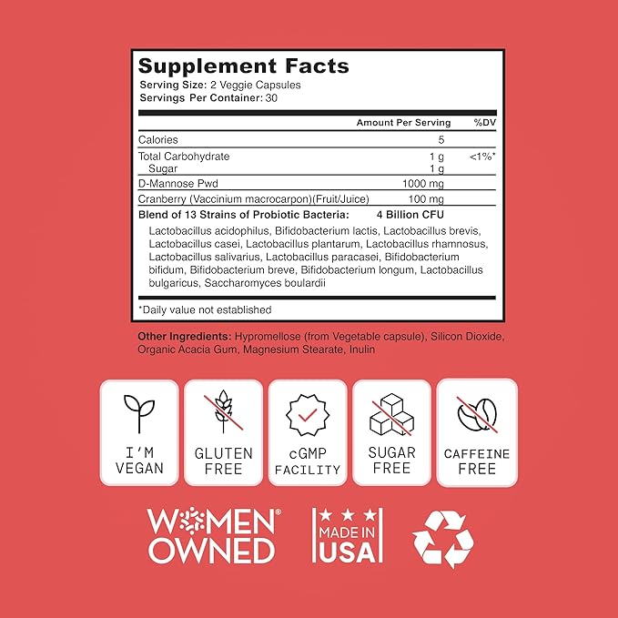 SELF NUTRITION UTI D Mannose with Cranberry & Probiotics for Women | 3 in 1 Supplement, Supports Urinary Tract Health & PH Balance | Effective & USA Made | Vegan, Non-GMO (60 Capsules)