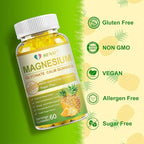 Magnesium Glycinate Gummies 400mg, Sugar Free Magnesium Taurate, Malate Supplement with Vitamin D, B6, CoQ10 for Relaxation, Stress Relief, Muscle, Bone & Sleep Support- 60 Pineapple Gummies