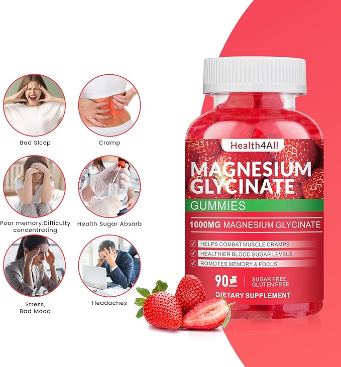 Magnesium Glycinate Gummies 1000mg, High Absorption Sugar Free Magnesium Potassium Supplement for Relaxation, Stress Relief, and Sleep Support for Adults & Kids - 180 Strawberry Gummies