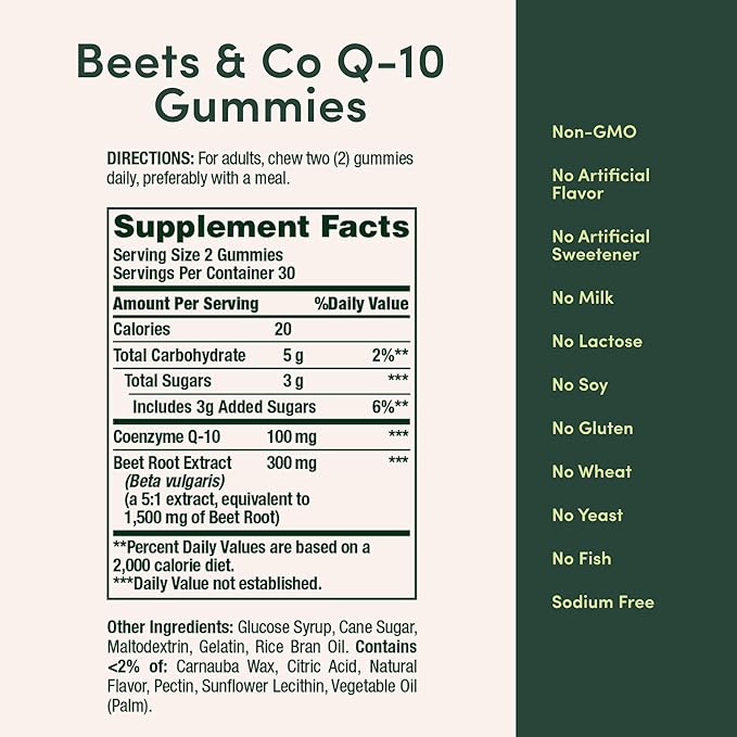 Nature’s Bounty Beets & Co Q-10 Gummies for Heart Health, Coenzyme Q10, Beet Root Extract, Supports Healthy Circulation and Heart Function, Cellular Energy Production, Raspberry Flavor, 60 Gummies