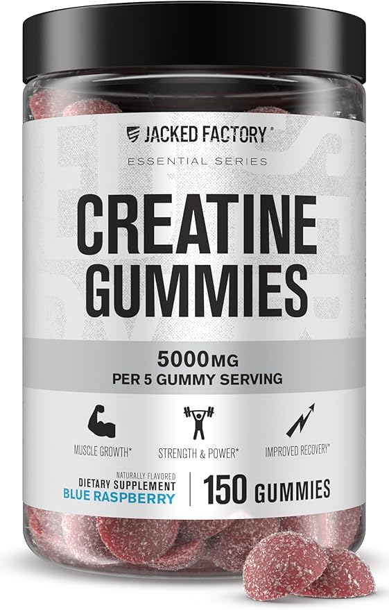 Jacked Factory Creatine Gummies 5g Daily Dose (1g per Gummy) - Creatine Gummy for Men and Women, Vegan-Friendly, Travel-Friendly, Third-Party Tested - 150 Gummies, Blue Raspberry