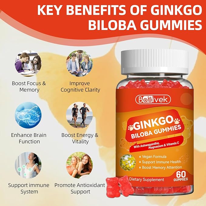 Ginkgo Biloba Gummies with Ashwagandha, Vitamin C & Magnesium - Vegan, Non-GMO, Gluten-Free - Raspberry Flavor, 60 Count