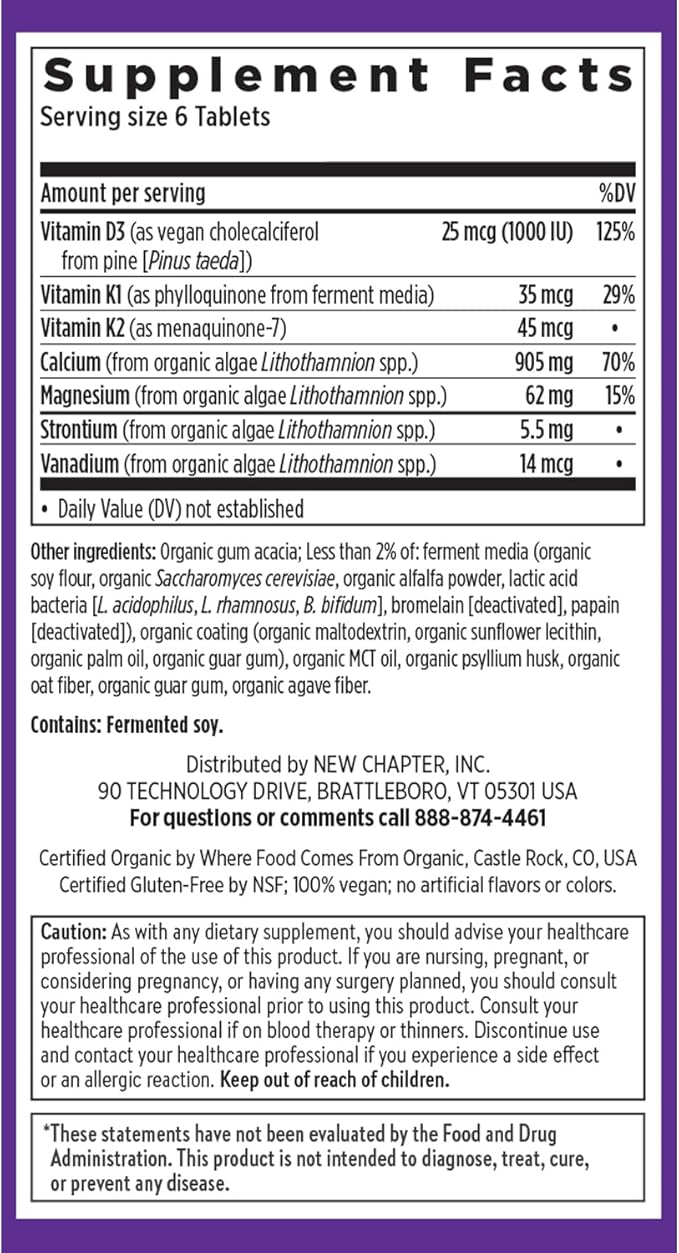 New Chapter Calcium Supplement - Bone Strength Tiny Tabs Plant-Based USDA Organic Calcium with Magnesium, Vitamin D3+K2, for Bone Health & Joint Mobility, Heart Support, 905 mg dose - 240 Tiny Tabs