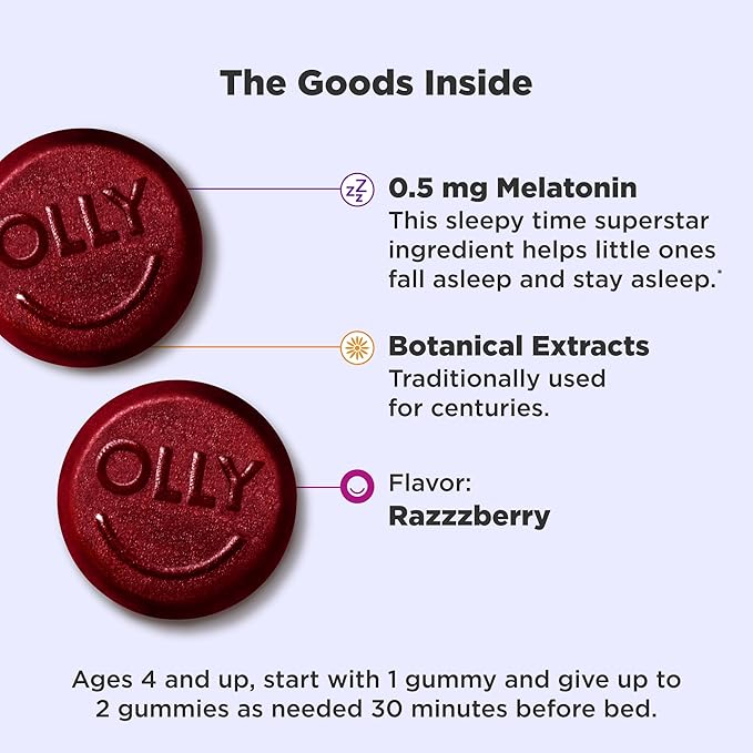 OLLY Kids Sleep Gummy, 0.5mg Melatonin, L Theanine, Chamomile, and Lemon Balm, Childrens Chewable Supplement, Occasional Sleep Support, Raspberry - 60 Count
